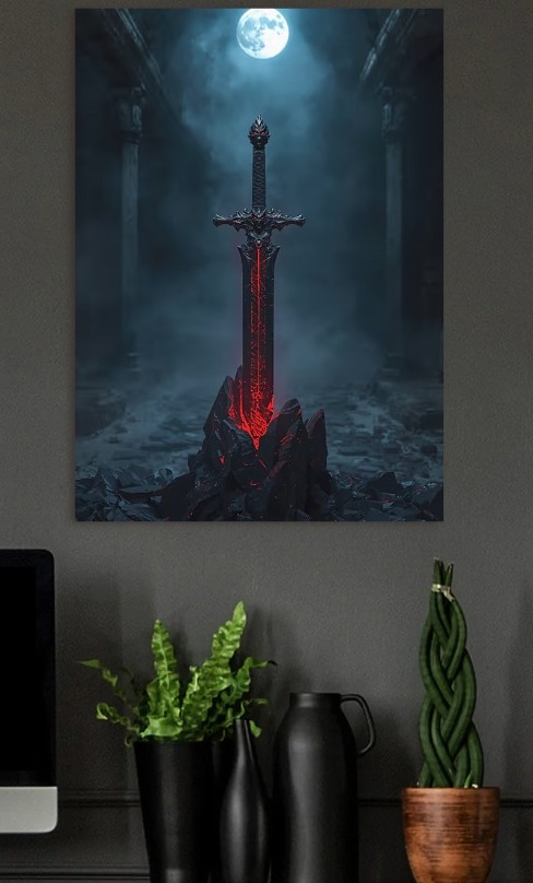 Dark Fantasy Sword Under Moon — metal poster wall art by Lineer